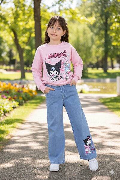 Cansın Mini Girl's 2-Piece Set with Pink Glitter Printed Badili Jeans Pants 2...