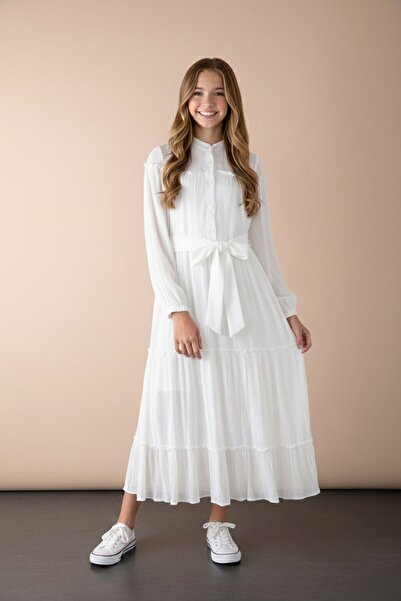 Cansın Mini Ecru Sleeves Gathered Belted Girls' Long Dress 23401