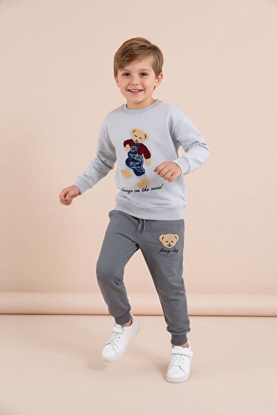 Cansın Mini Gray Teddy Bear Embroidered Boys' Tracksuit Set 2 Pieces 23395