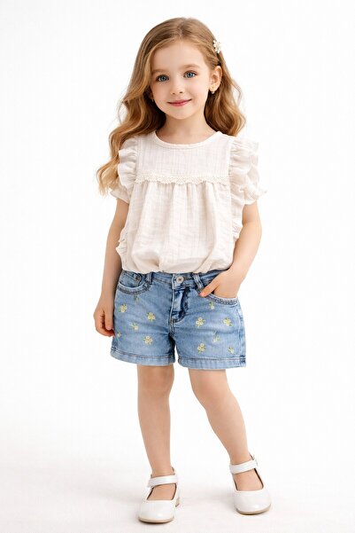 Cansın Mini Bej Dantel Detaylı Bluzlu Jean Şortlu Kız Çocuk 2li Takım 22663