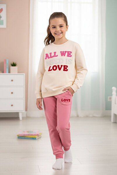 Cansın Mini Cream Love Embroidered Girls' Tracksuit Set 23393