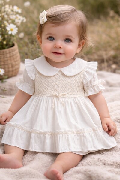 Cansın Mini فستان بناتي أبيض بأكمام مكشكشة ومطرز بالدانتيل 22655