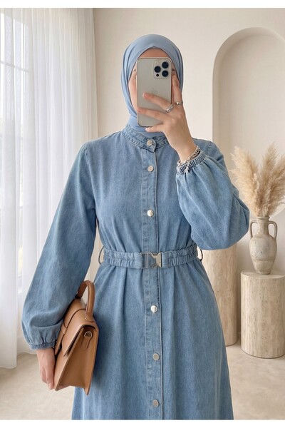 Modamorfo Buttoned Long Denim Dress with Elastic Belt -Ice Blue