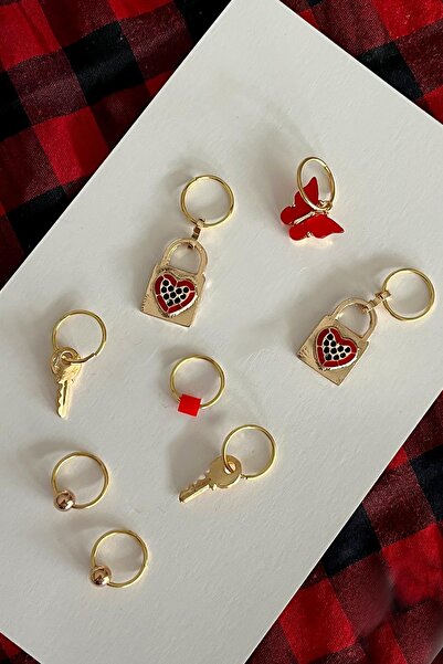 New Obsessions Kırmızı Rüyası Kelebek ve Kalp Figürlü Saç Küpesi Seti 8'li paket
