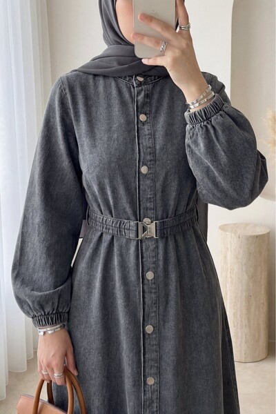 Modamorfo Buttoned Long Denim Dress with Elastic Belt - Smoked