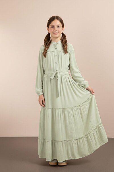 Cansın Mini Green Long Dress with Gathered Sleeves and Belt for Girls 23400