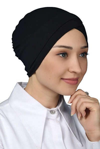 Altobeh Dört Bantlı Çapraz Dış Tesettür Bonesi Hazır Türban Penye -SİYAH