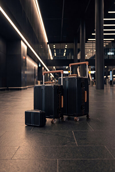 Zeplin Boxy PC Policarbon 3'lü Valiz Seti (Kabin Orta ve Makyaj) Siyah-Kahve