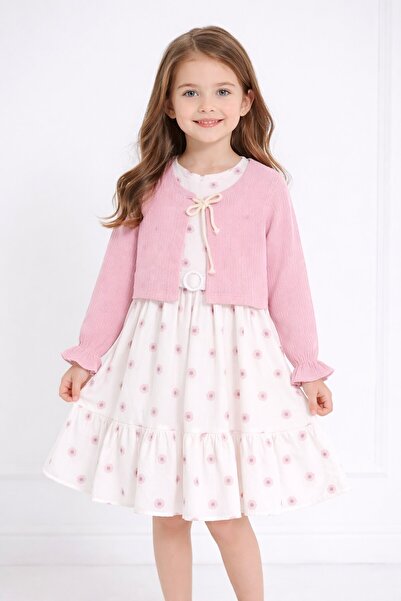 Cansın Mini Pink Bolero Flower Patterned Belted Girl's Dress Set 23504