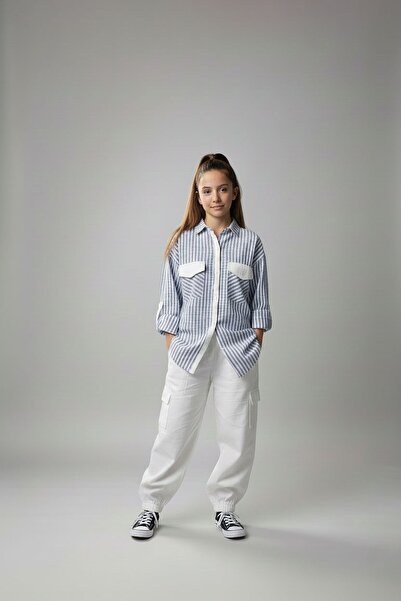 Cansın Mini Set de 2 piese pentru fete Indigo, cămașă cu dungi și pantaloni c...