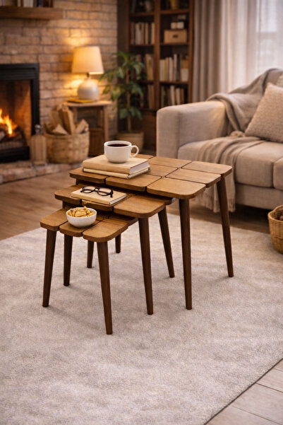 eos mobilya Ahşap 3’lü Zigon Sehpa Petek Desenli Modern Tasarım