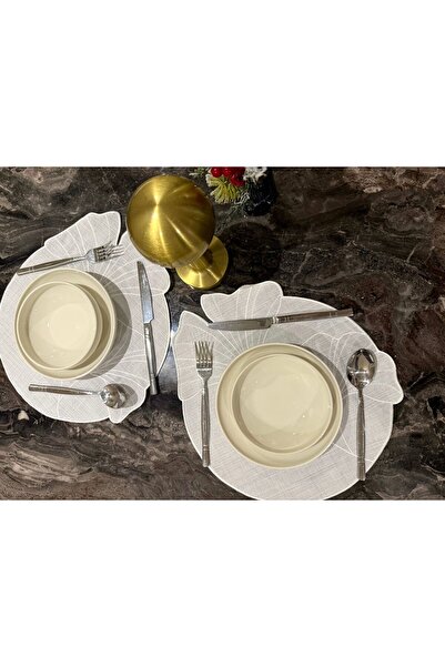 2Ddesign Beyaz Yaprak Nakışlı Keten Amerikan Servis – Minimal ve Elegant Sofr...