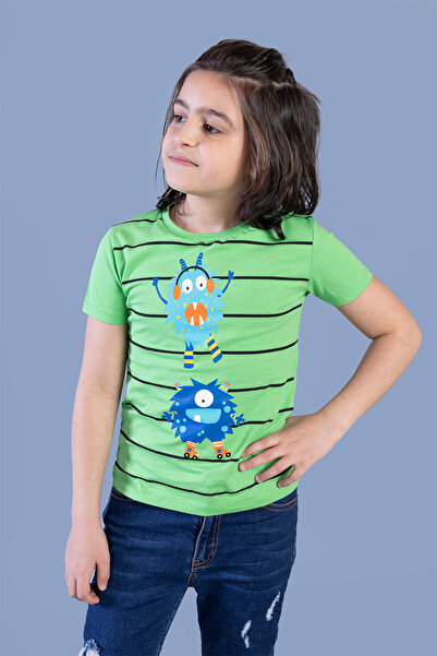 Toontoy Tricou cu mânecă scurtă, cu imprimeu, cu gât rotund și dungi, pentru ...