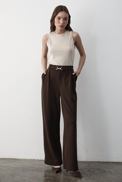 JASTE Kadın Likralı Toka Kemer Detaylı Lastikli Palazzo Pantolon