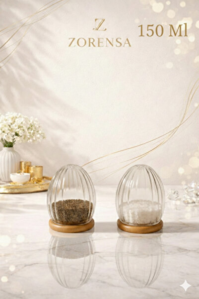 ZORENSA طقم تقديم مكون من 2 وعاء زجاجي مخطط للملح والفلفل مع أغطية من الخيزرا...