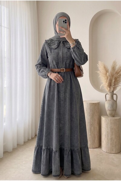 Modamorfo Rochie din denim cu guler pentru bebeluși, cu jumătate de fermoar ș...