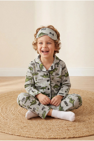 Mixima 3–10 Yaş Dinazor baskılı Fitilli Çocuk Pijama Takımı | Göz Bantlı | Ra...