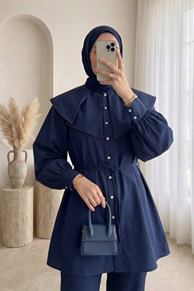 Modamorfo Cămașă cu guler larg, cu bordură și nasturi - Bleumarin