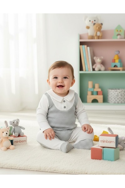 MİNİBORN Cotton Plaid Detailed Long Sleeve 2-Piece Baby Boy Set