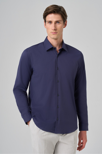 Morven Cămașă pentru bărbați, albastru marin, slim fit, cu guler rigid