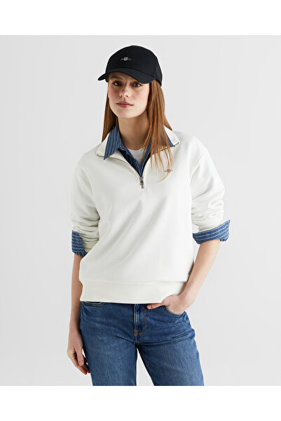 Gant Kadın Beyaz Relaxed Fit Yarım Fermuarlı Sweatshirt