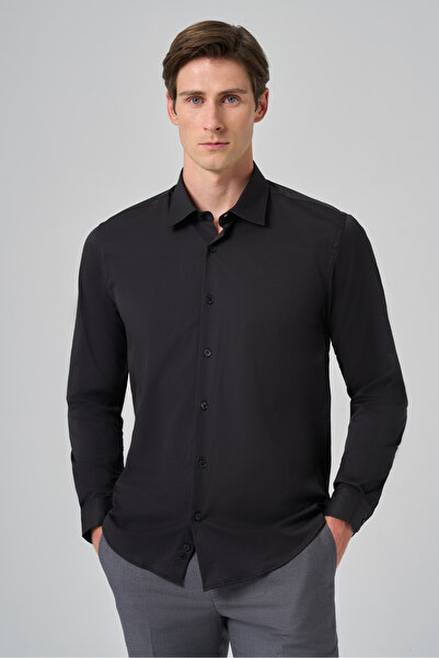 Morven Erkek Siyah Slim Fit Sert Yaka Gömlek