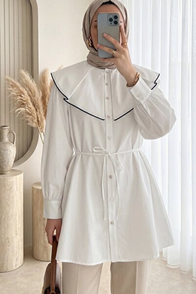 Modamorfo Cămașă cu guler larg, cu centură și nasturi - Albă