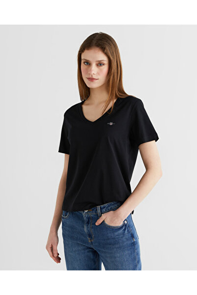 Gant Kadın Siyah V Yaka Regular Fit T-Shirt