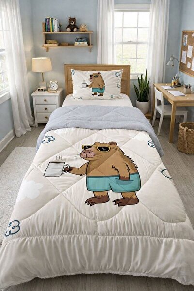 Evmila Cool Capybara Gri Peluş Tek Kişilik Çocuk Uyku Seti - Gözlüklü Capybar...