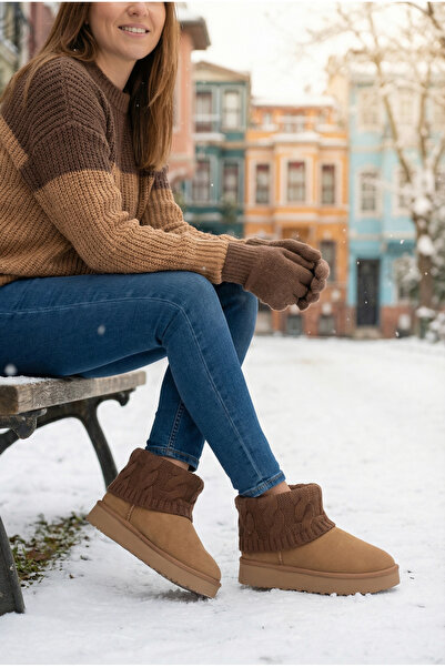 Sivarro Kazaklı Süet Kalın Taban Kışlık İçi Kürklü Kadın Bot - Taba