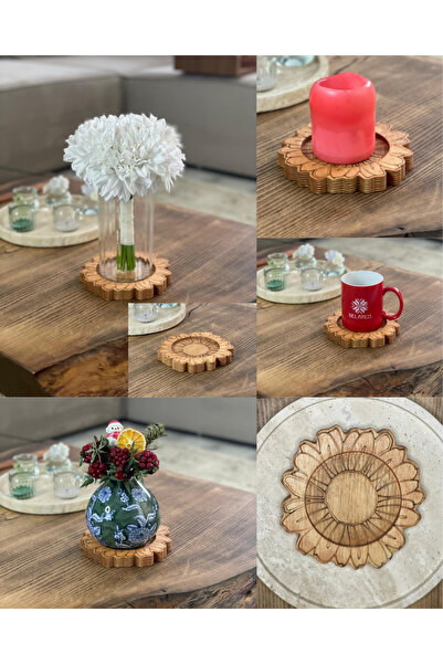 izg Doğal Ahşap Papatya Şeklinde Mumluk - Vazo Altlığı - Bardak Altlığı