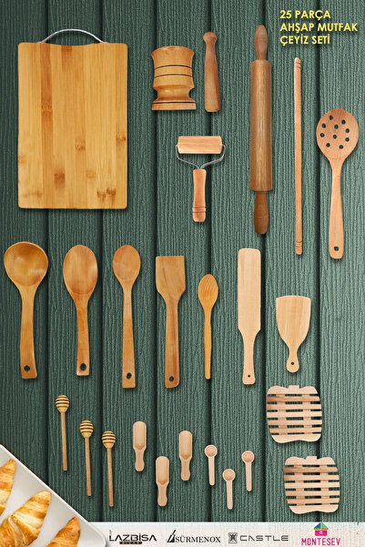 MONTESEV Zambak 25 Li Ahşap Ağaç Tahta Kaşık Oklava Merdane Havan Kesme Tahta...