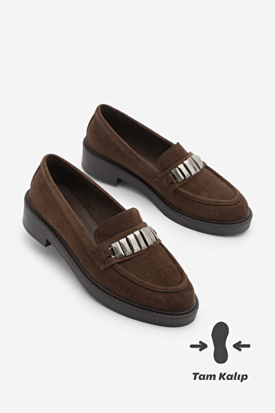 Marjin Women's Loafer Moccasin Buckle Casual Shoes Vilyum Brown Suede