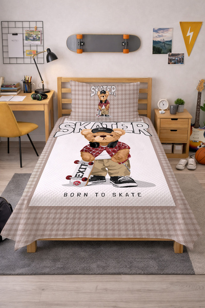 Evmila Teddy Skater Cool Desenli Tek Kişilik Pike Takımı - ÇARŞAFSIZ