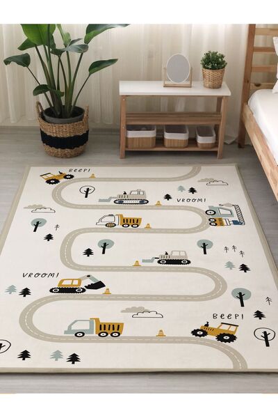 Evmila İş Makineli Ve Yol Desenli Baskılı 7 Mm Kalınlıkta Çocuk Halısı
