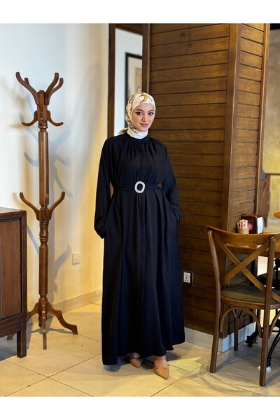 Esre Store Μαύρο Φόρεμα Τεσεττούρ - Μοντέλο 4465 με Ζώνη