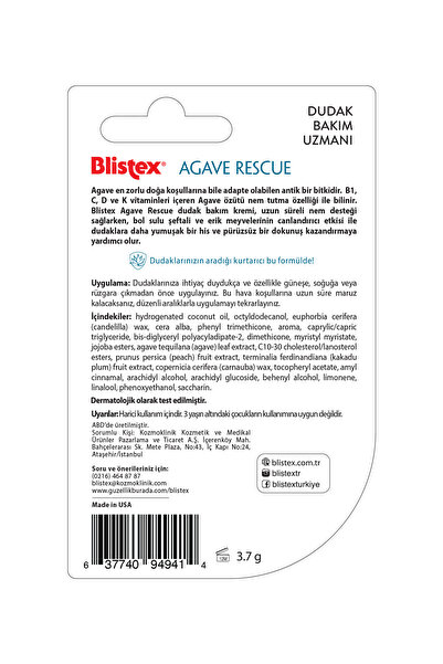 Blistex Agave Rescue - Uzun Süreli Nemlenmeyi Destekleyen Kurtarıcı Dudak Bakım Kremi