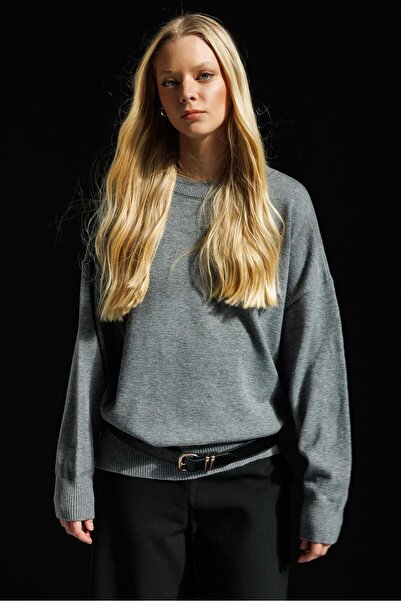 Mixray 7021 Kadın Bisiklet Yaka Oversize Basic Premium Triko Kazak Antrasit