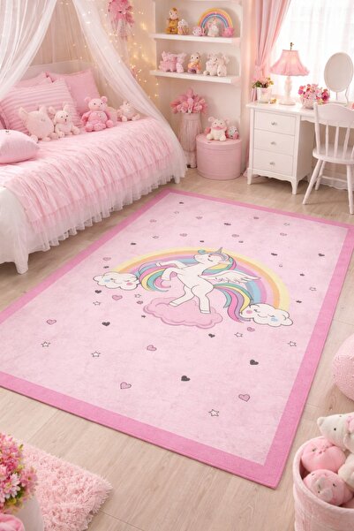 milroma Gökkuşağı Ve Unicorn Desenli Çocuk Odası Halısı