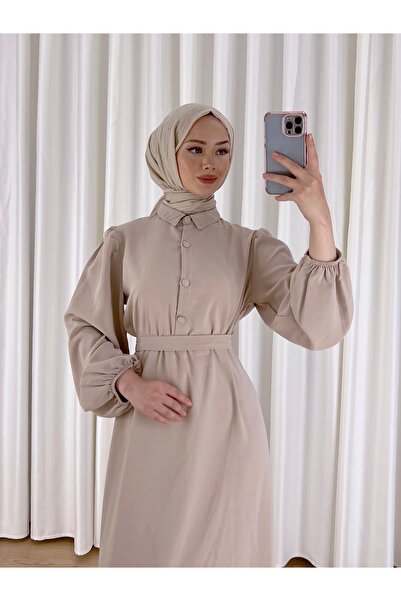 Esre Store فستان حجاب بيج - مزين بأزرار