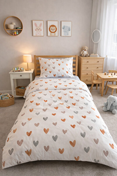 Evmila Çift Taraflı Kalp Desenli Çarşafsız Takım Tek Kişilik Nevresim Takımı ...