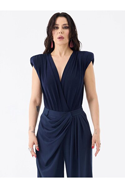 RİVUS V Yakalı Önü Büzgülü ve Omuzu Vatka Detaylı Body - Lacivert