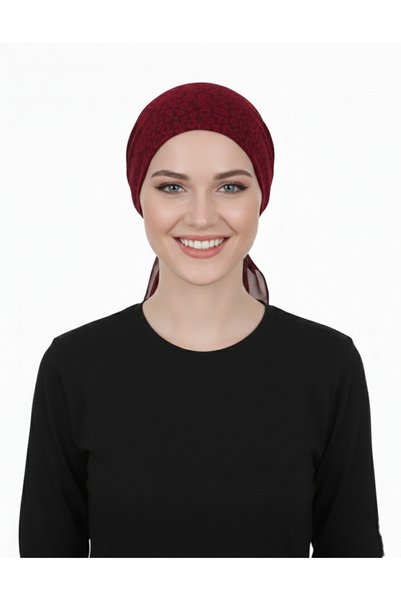 elysianfidan Brocade Tulle Burgundy Ready-To-Wear Turban Hijab Bonnet Suitable for Medical Use