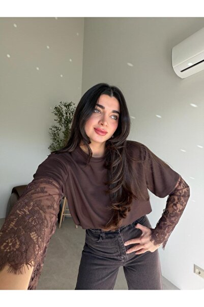 Bade Butik Kahve Dantelli Tişört Bluz