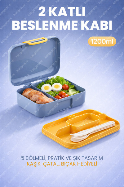 M&L LUNCH BOX 2 Katlı Beslenme Kutusu - Kendinden Kaşıklı, Çatallı, Bıçaklı -...
