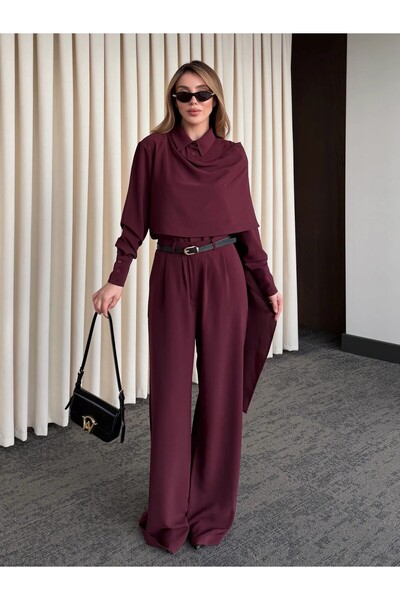 Laluvia Burgundy Belted Shawl Collar Shirt and Trousers Set - 8004