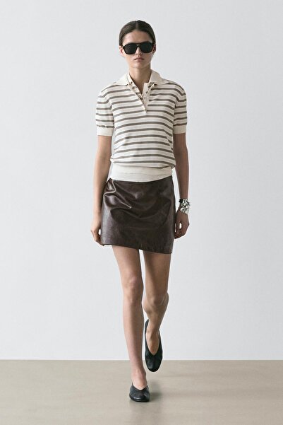 Massimo Dutti Kısa kollu çizgili triko polo yaka t-shirt