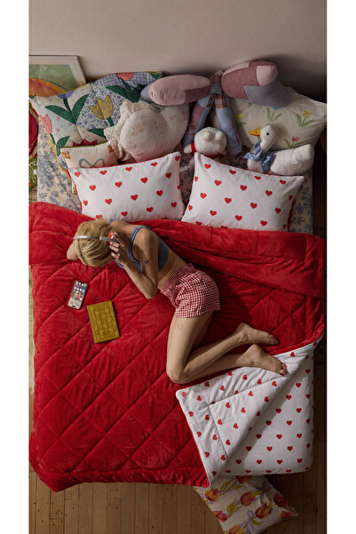 BEYAZLALE لحاف ويلسوفت ذو وجهين باللون الأحمر على شكل قلب بتصميم الحب، مقاس م...