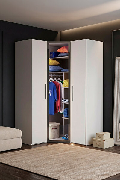 benim odam Diva 3 Kapaklı Beyaz Dolap 11 Raflı Cam Kapaklı Köşe Geniş Gardıro...