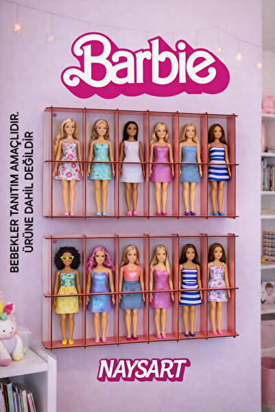 Barbie Temalı, Duvar rafı veya masa üstü sergileme standı, 8 Bebek kapasiteli...